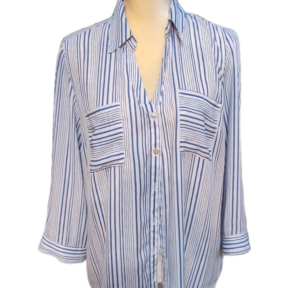 A. Byer Women Size XL Blue White Stripe Button Up Collared Shirt Business Casual